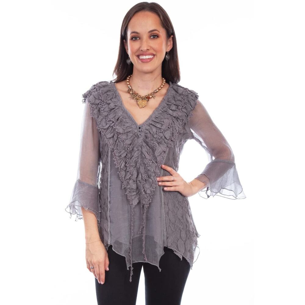 Scully Western Boho Whimsigoth Shirt Womens 3/4 Sleeve Crochet Lace Blouse Large
